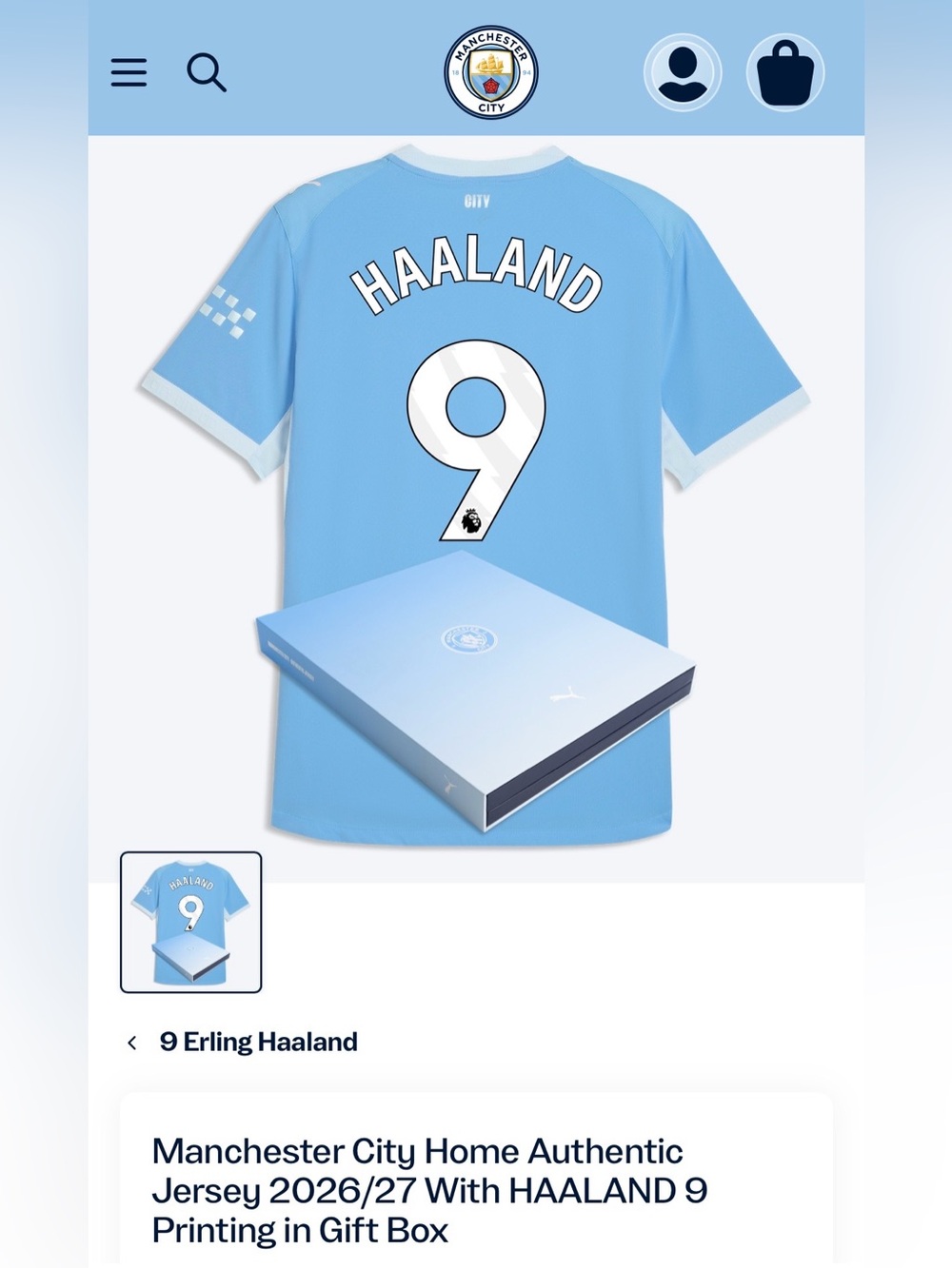 Manchester City Home Authentic Jersey 2026/27 with HAALAND 9 Printing